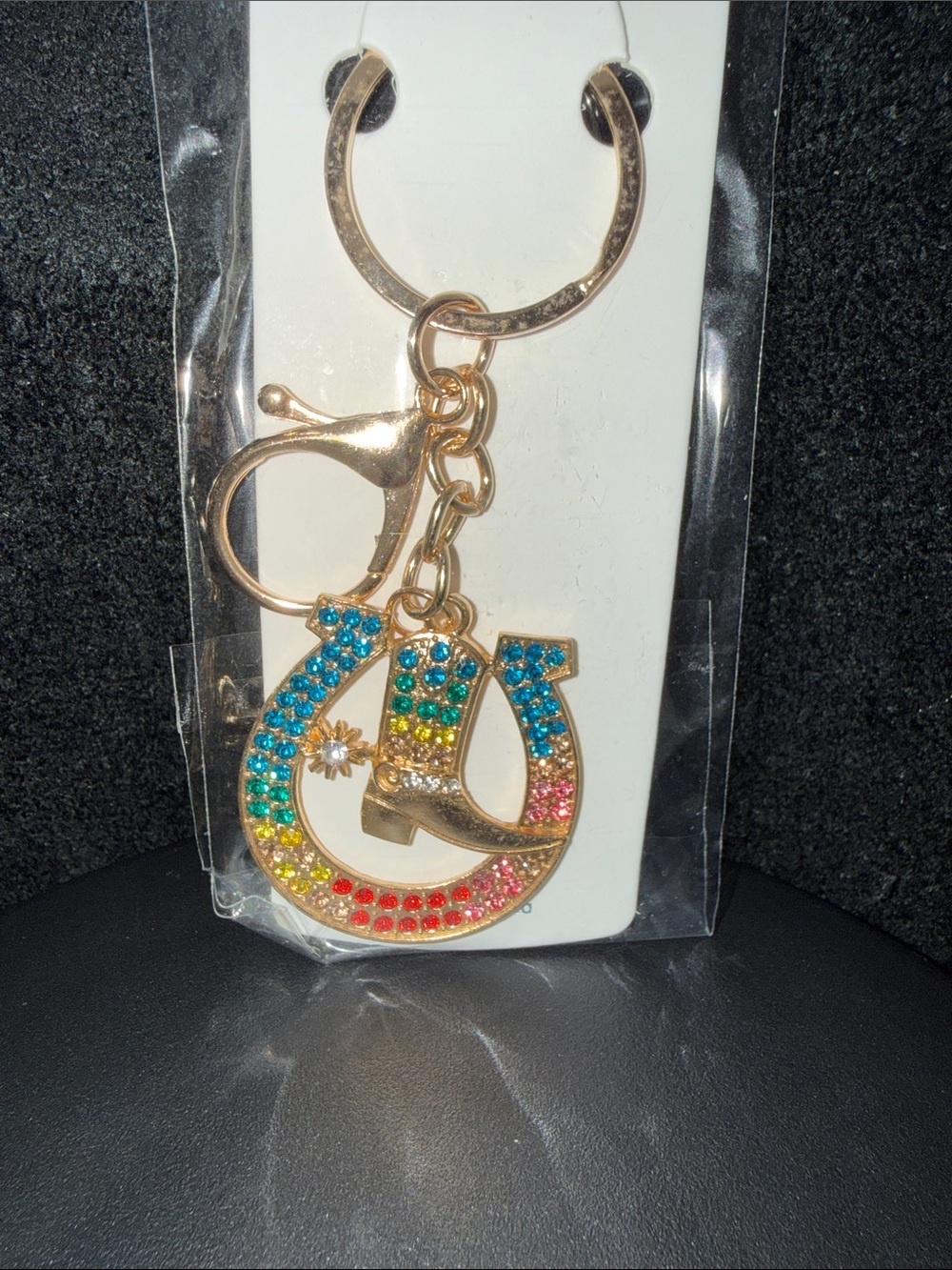 Gold-Tone Rainbow Rhinestone Horseshoe & Boot Keychain